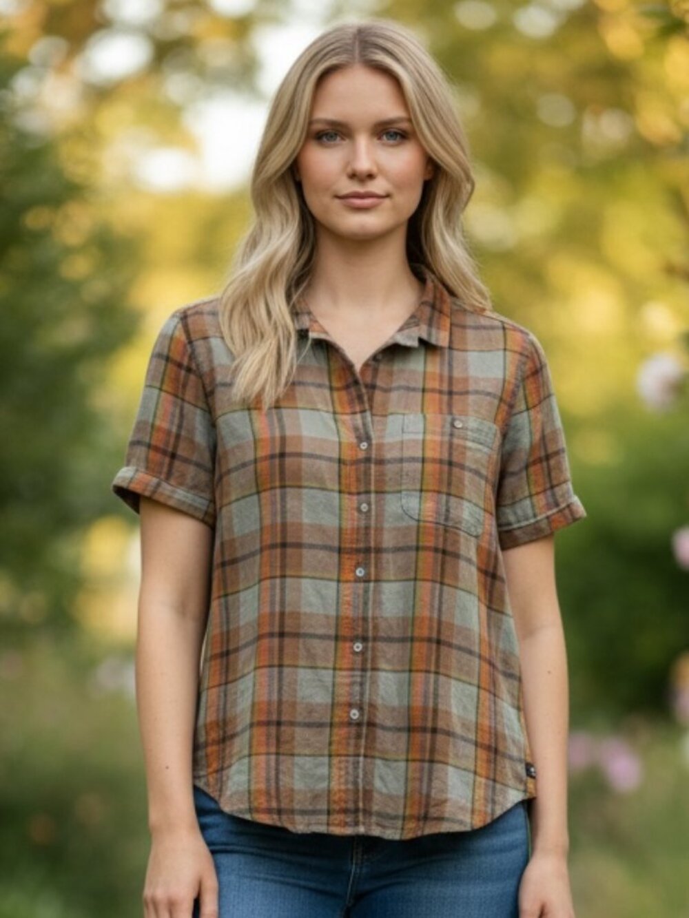 Toad&Co Organic Cotton Plaid Short-Sleeve Button-Down Camp Cove Shirt L #86P